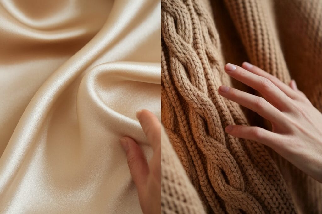 How To Layer Clothes Like A Fashion Pro 2 Split Screen Close-Up Photograph Showing Fabric Texture Comparison: Left Side Displays Smooth Silk Or Satin Fabric In Cream Color With Subtle Sheen, Right Side Shows Chunky Cable Knit Wool Texture In Camel Brown. Extreme Macro Detail Showing Fabric Weave And Texture, Soft Natural Lighting Highlighting The Contrast, Hands Gently Touching Each Fabric, Warm Neutral Color Palette, High Resolution Detail Photography, Editorial Magazine Style