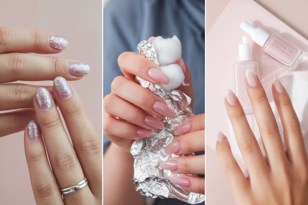 How To Remove Glitter Nail Polish Without Damage 1 A Clean 3-Panel Vertical Collage Showing The Glitter Nail Polish Removal Process. Panel 1: Close-Up Of Sparkly Glitter Nail Polish On Female Hands With Pink And Silver Glitter. Panel 2: Fingers Wrapped In Aluminum Foil With Cotton Balls Underneath, Beauty Salon Setting. Panel 3: Clean, Healthy Natural Nails After Removal With Cuticle Oil Bottle Nearby. Bright Natural Lighting, Soft Pastel Pink Background, Professional Beauty Photography Style, Minimalist And Modern Aesthetic.