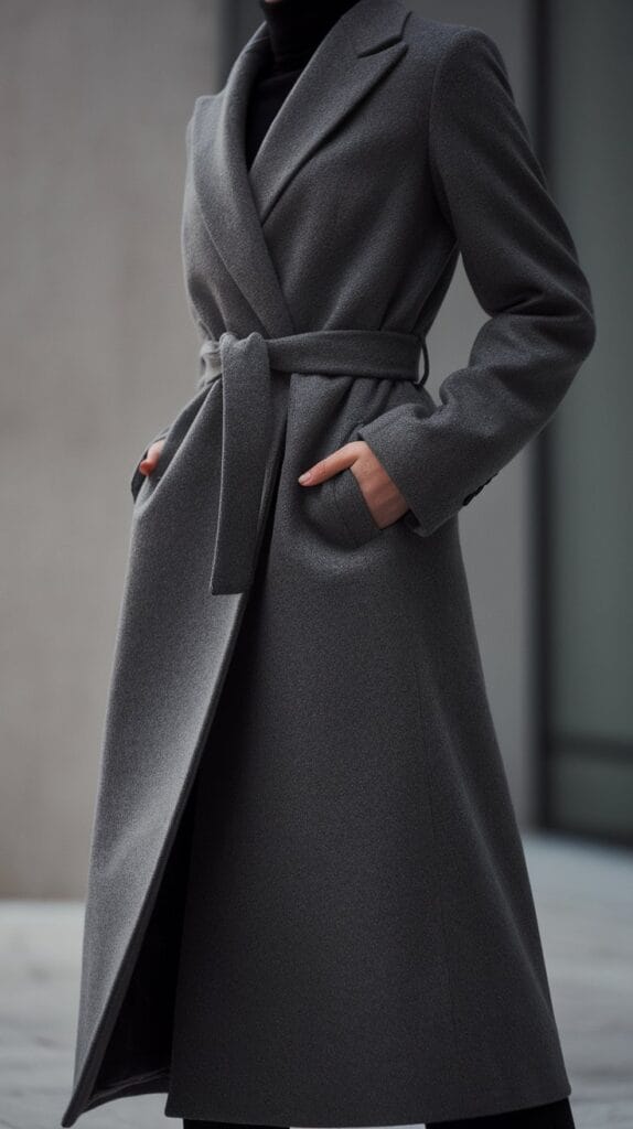 What To Wear This Winter To Look Taller Instantly 3 Elegant Person Wearing A Long Single-Breasted Wool Coat In Charcoal Gray That Hits Below The Knee, Belted At The Waist To Show Definition, Fitted Silhouette Not Oversized. Standing Against A Minimalist Architectural Background, Three-Quarter Angle Showing Coat Structure And Length, Winter Urban Setting, Natural Overcast Daylight, High-End Fashion Photography Style. The Coat Should Clearly Demonstrate Proper Proportions And Vertical Lines. Professional Editorial Quality, Sharp Focus On Coat Details, Muted Color Palette.
