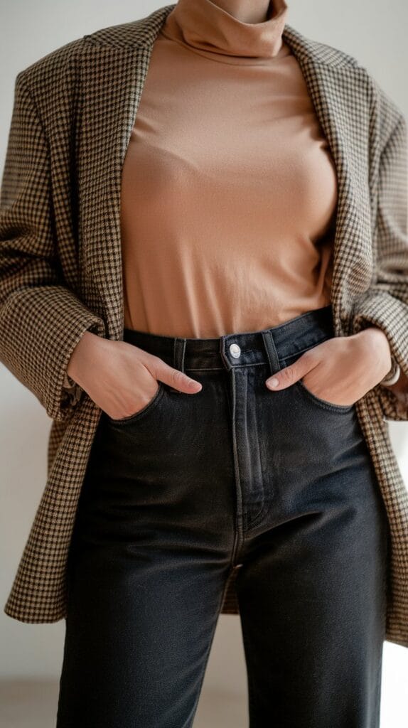 What To Wear This Winter To Look Taller Instantly 4 Close-Up Fashion Detail Shot Showing Torso And Hips Of Person Wearing High-Waisted Black Jeans With A Thin Camel-Colored Turtleneck Tucked In, Hands Casually In Pockets. The Photo Clearly Shows The High Waistline Placement And How It Creates Leg Length. Minimal Background, Soft Natural Lighting, Fashion Editorial Style, Focus On The Waist Area And Proportion, Clean Composition. The Tucked-In Styling Should Be Clearly Visible And Aspirational.